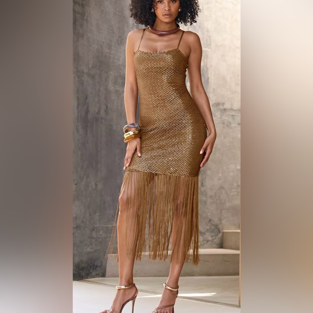 Boston Proper Shimmer Mesh Fringe Maxi Dress